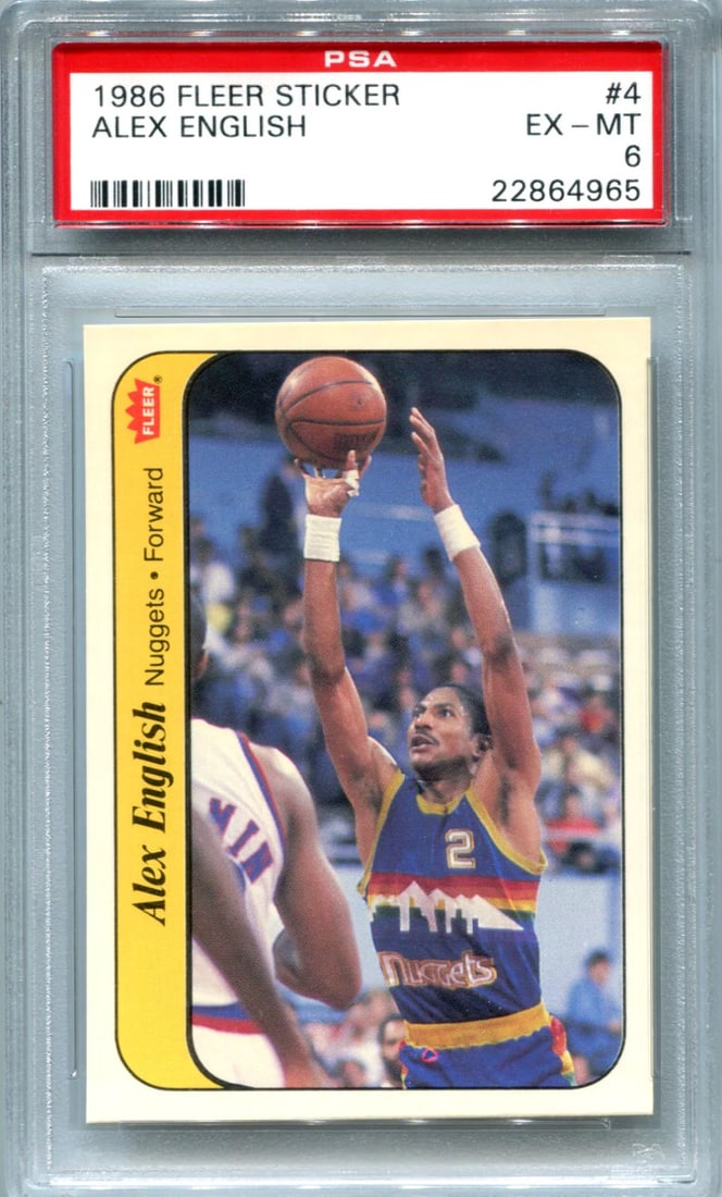 Alex English 1986 Fleer Sticker #4 PSA EX-MT 6 Card: Alex English 1986 Fleer Sticker #4 PSA EX-MT 6 Card PSA EX-MT 6 graded Alex English 1986 Fleer Sticker #4 card, featuring the iconic baseball player on a sticker card from one of the earliest issues i