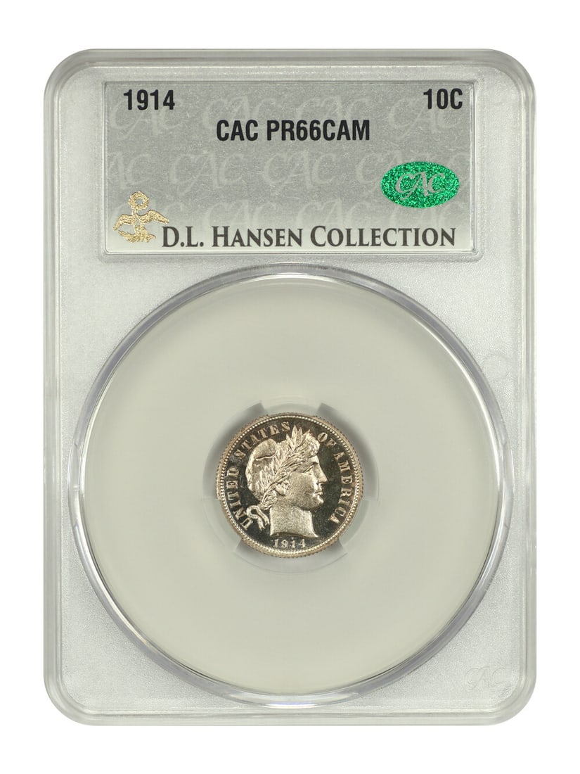 1914 10C CACG PR66CAM ex: D.L. Hansen - Barber Dime: 1914 10C CACG PR66CAM ex: D.L. Hansen - Barber Dime The 1914 Barber Dime, graded PR66CAM by CACG, boasts exceptional condition with a striking cameo appearance. This circulated uncirculated coin featu