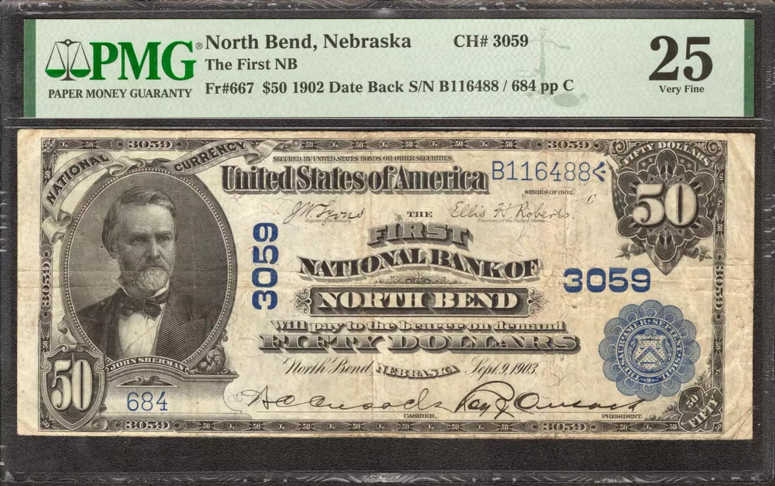 1902 $50 FIRST NATIONAL BANKNOTE CURRENCY NORTH BEND NEBRASKA PMG 25 VF (488): 1902 $50 FIRST NATIONAL BANKNOTE CURRENCY NORTH BEND NEBRASKA PMG 25 VF (488) PMG 25 VF, a circulated 1902 $50 First National Banknote from North Bend, Nebraska, bears the mark of its age with a