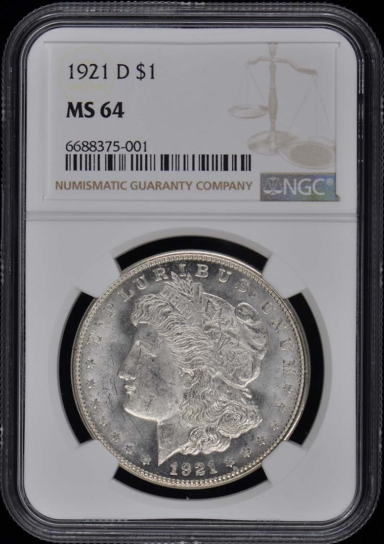1921-D Morgan Dollar S$1 NGC MS64: 1921-D Morgan Dollar S$1 NGC MS64 The 1921-D Morgan Dollar S$1 is a highly detailed and intricately designed coin, featuring George T. Morgan's portrait on the obverse and an eagle on the reverse.