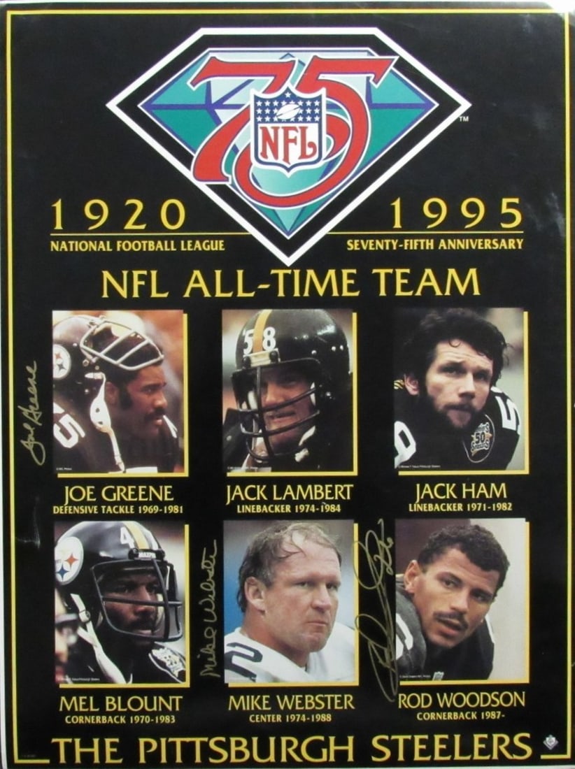 Joe Green/ Mike Webster/ Rod Woodson Signed/ Auto 18x24 Poster Steelers 198230: Joe Green/ Mike Webster/ Rod Woodson Signed/ Auto 18x24 Poster Steelers 198230 Signed by Joe Greene, Mike Webster, and Rod Woodson in an 18x24 auto poster featuring the iconic Steelers players from