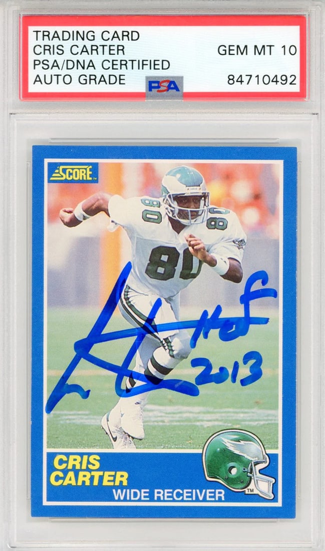 Cris Carter "HOF 2013" Autographed 1989 Score Card #72 (PSA Auto GEM MT 10): Cris Carter "HOF 2013" Autographed 1989 Score Card #72 (PSA Auto GEM MT 10) PSA/DNA Cris Carter "HOF 2013" Autographed 1989 Score Card #72 features an inscription in blue sharpie across the front,