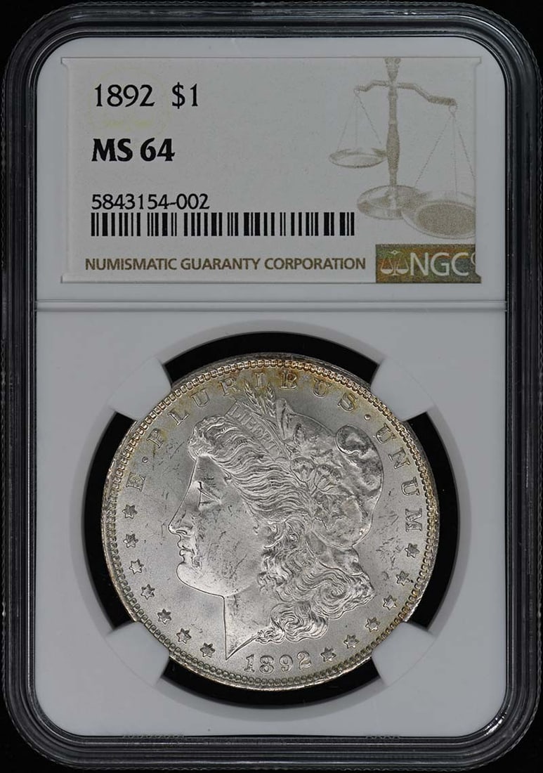1892 Morgan Dollar S$1 NGC MS64: 1892 Morgan Dollar S$1 NGC MS64 The 1892 Morgan Dollar S$1 NGC MS64 is an uncirculated coin with a high grade of MS64, indicating excellent condition. Certified by the Numismatic Guaranty Corporation 