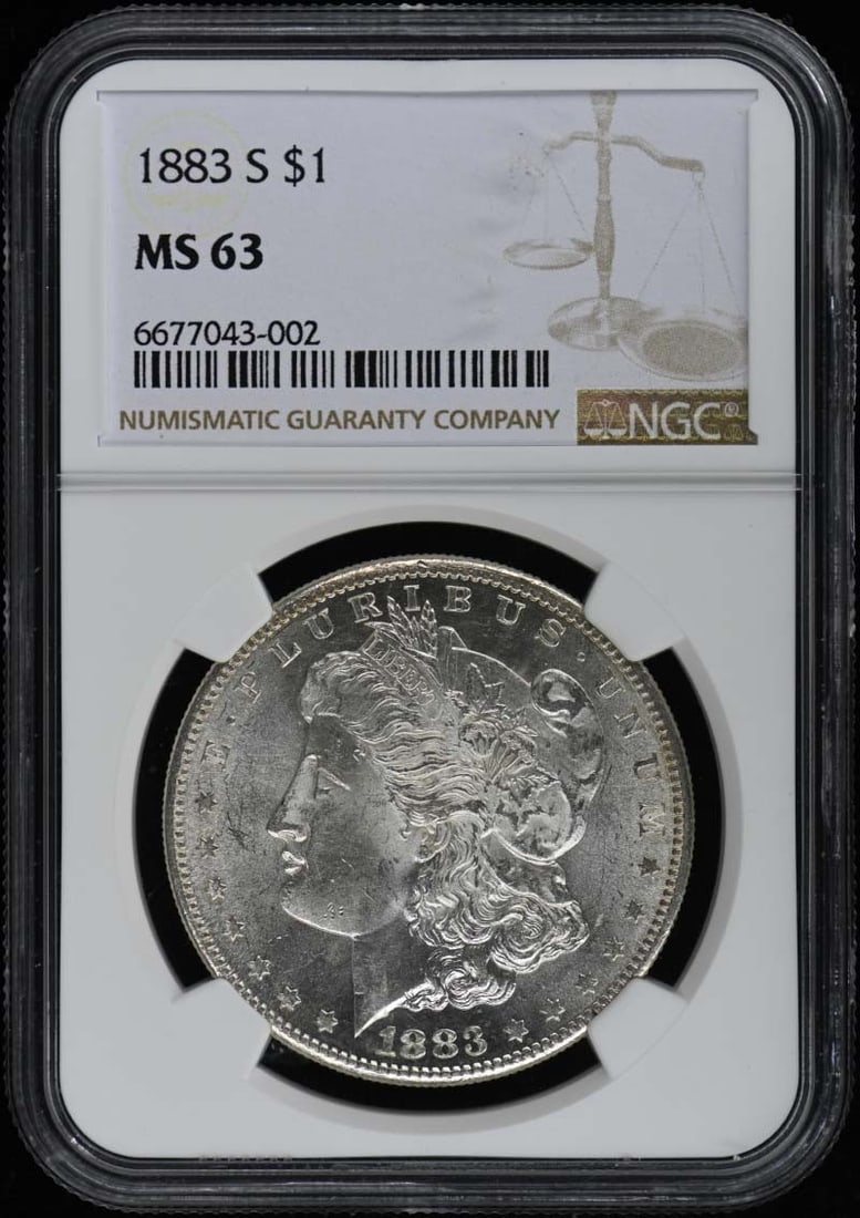 1883-S Morgan Dollar S$1 NGC MS63: 1883-S Morgan Dollar S$1 NGC MS63 The 1883-S Morgan Dollar S$1 NGC MS63 is an uncirculated coin with a high grade of MS63, indicating its exceptional condition. Certified by the Numismatic Guaranty Co