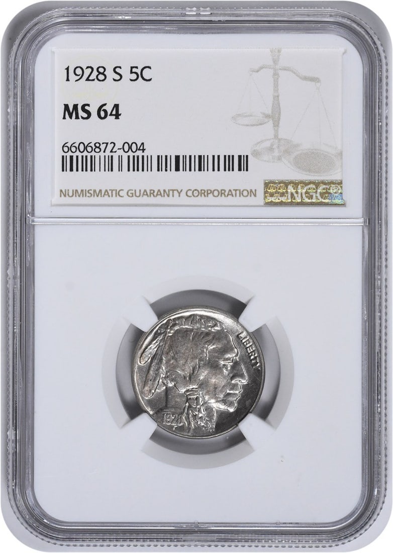 1928-S Buffalo Nickel MS64 NGC: 1928-S Buffalo Nickel MS64 NGC The 1928-S Buffalo Nickel MS64 NGC is a highly detailed and well-preserved coin, certified by the Numismatic Guaranty Corporation (NGC) as Uncirculated. This coin featur