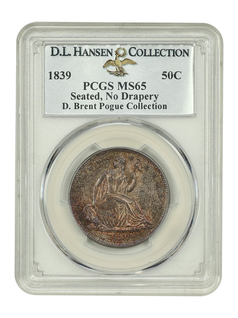PCGS MS65 50C No Drapery ex D.L. Hansen: PCGS MS65 50C No Drapery ex D.L. Hansen PCGS MS65 50C No Drapery ex D.L. Hansen - A highly graded, uncirculated 1839 Liberty Seated Half Dollar with a striking MS mint mark, certified by the renowned 