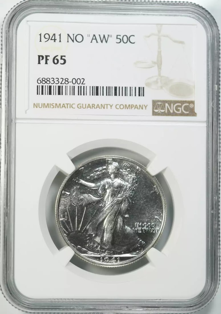 1941 PROOF WALKING LIBERTY HALF DOLLAR 50C NGC CERTIFIED PF 65 NO 'AW' (002): 1941 PROOF WALKING LIBERTY HALF DOLLAR 50C NGC CERTIFIED PF 65 NO 'AW' (002) NGC Certified Proof 1941 Walking Liberty Half Dollar in Exceptional Condition. This stunning 1941 proof half dollar boasts 