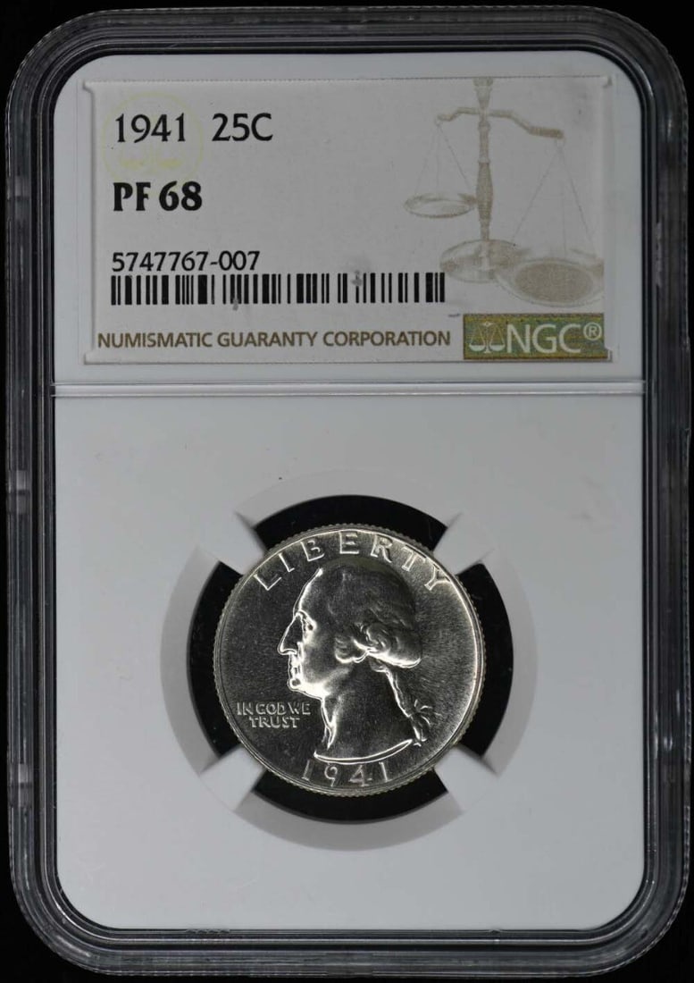 1941 Washington Quarter 25C NGC PR68: 1941 Washington Quarter 25C NGC PR68 The 1941 Washington Quarter, graded PR68 by the Numismatic Guaranty Corporation (NGC), boasts exceptional condition with minimal wear. This uncirculated proof coin