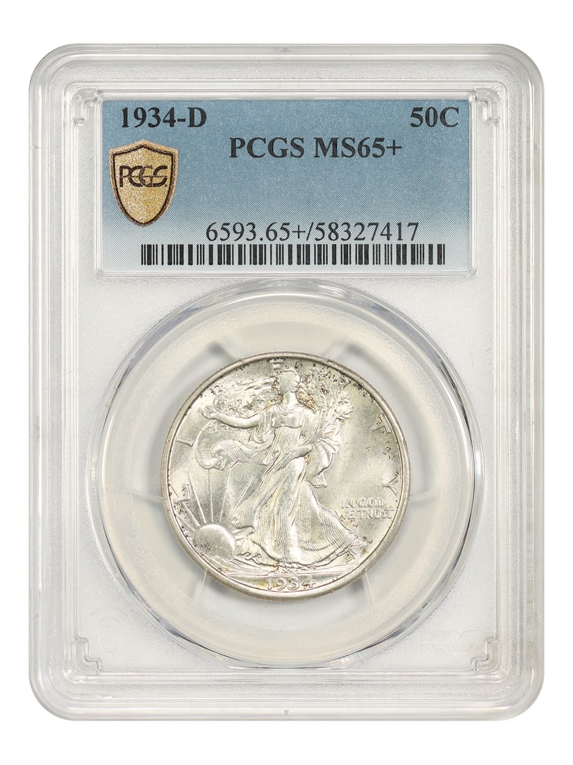 Half Dollar Walking Liberty PCGS MS65+ 1934-D: Half Dollar Walking Liberty PCGS MS65+ 1934-D The 1934-D Half Dollar Walking Liberty coin boasts a striking design, featuring Lady Liberty walking towards the sunrise. Graded MS65+, this uncirculated 