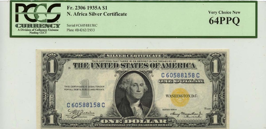1935A $1 N. Africa Silver Certificate FR#2306 PCGS CH64 PPQ: 1935A $1 N. Africa Silver Certificate FR#2306 PCGS CH64 PPQ Item Specifics: Circulated/Uncirculated: Uncirculated Denomination: $1 Year: 1934 Grade: MS64 Certification: PCGS Currency Grade Designation