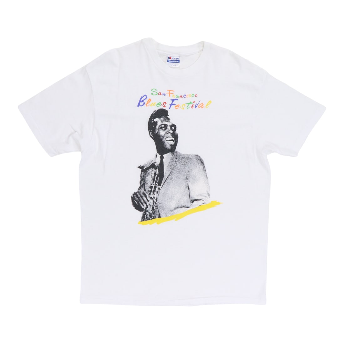 1989 San Francisco Blues Festival Shirt: 1989 San Francisco Blues Festival Shirt White 1989 San Francisco Blues Festival Shirt, made from 100% cotton, features a classic design with no back graphics. The shirt measures 21.75 inches pit to pi