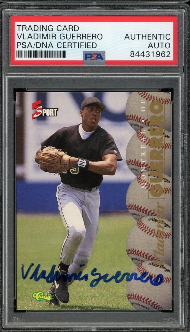 Vladimir Guerrero PSA Rookie Card Sport 5 Autographed Classic 1995: Vladimir Guerrero PSA Rookie Card Sport 5 Autographed Classic 1995 Vladimir Guerrero's iconic rookie card from the 1995 Classic set, expertly signed across the front in blue sharpie by the legendary