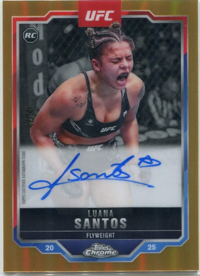 Luana Santos 2025 Topps Chrome UFC Autographed Gold Refractor RC #CRA-LS 42/ 50: Luana Santos 2025 Topps Chrome UFC Autographed Gold Refractor RC #CRA-LS 42/ 50 Topps Luana Santos 2025 Topps Chrome UFC Autographed Gold Refractor RC #CRA-LS 42/50 is a highly sought-after collectibl