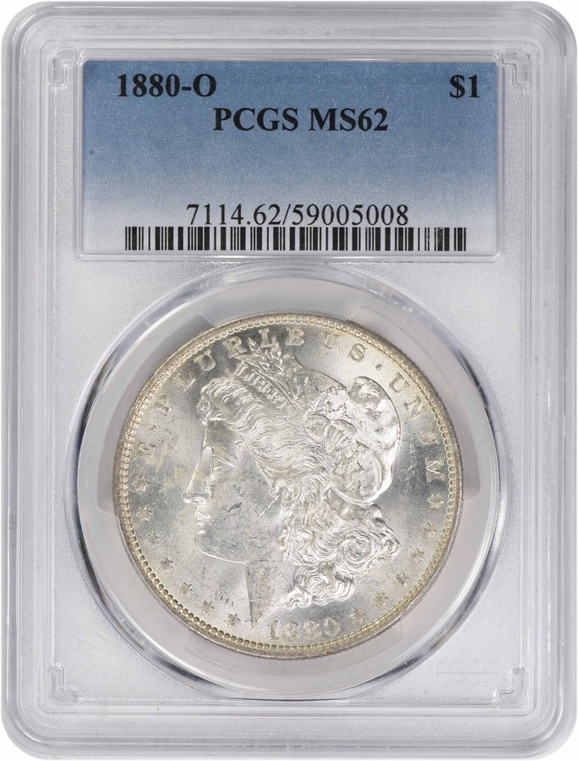 1880-O Morgan Silver Dollar MS62 PCGS: 1880-O Morgan Silver Dollar MS62 PCGS The 1880-O Morgan Silver Dollar MS62 PCGS boasts exceptional condition, with its reeded edge and circulated/ununcirculated certification from the prestigious PCGS