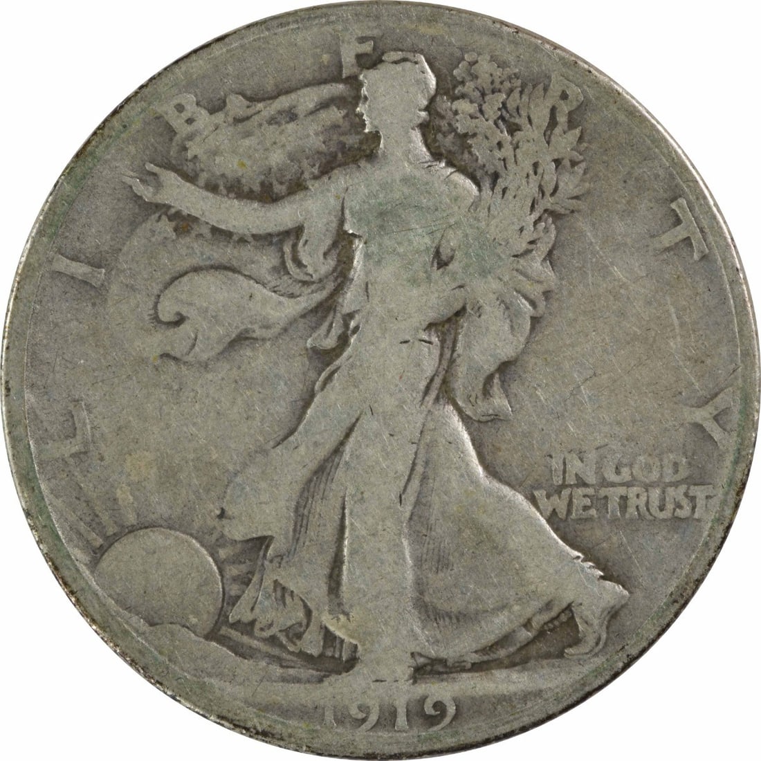 Silver half dollar 1919-D Walking Liberty: Silver half dollar 1919-D Walking Liberty The 1919-D Walking Liberty half dollar features Adolph Alexander Weinman's iconic design, showcasing Lady Liberty walking towards the dawn. Made from 90% silv