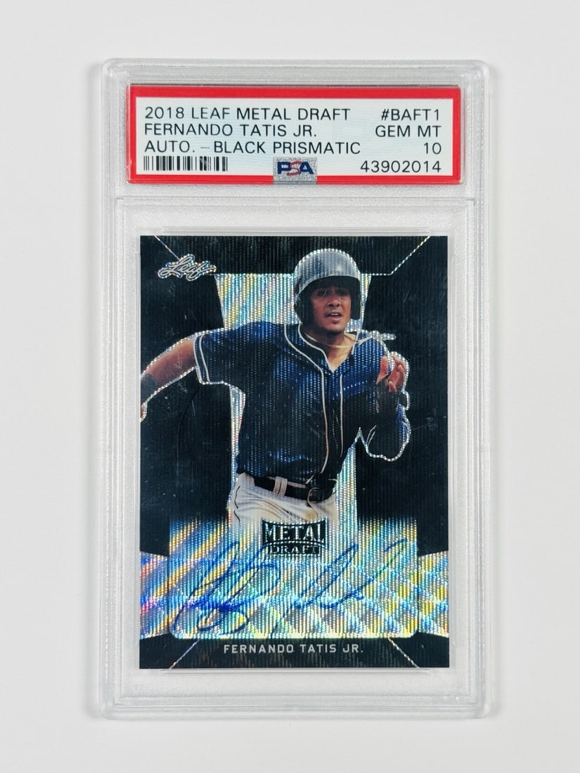 2018 LEAF METAL DRAFT FERNANDO TATIS JR. #BAFT1 BLACK PRISMATIC AUTO/ 7 PSA 10: 2018 LEAF METAL DRAFT FERNANDO TATIS JR. #BAFT1 BLACK PRISMATIC AUTO/ 7 PSA 10 The 2018 Leaf Metal Draft Fernando Tatis Jr. #BAFT1 is an exceptional baseball card, boasting a rare /7 print run and a s