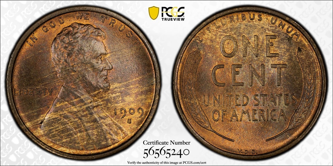 VDB Lincoln Wheat Cent 1909-S PCGS MS64 BN CAC: VDB Lincoln Wheat Cent 1909-S PCGS MS64 BN CAC MS64 BN CAC graded Lincoln Wheat Cent from the 1909-S San Francisco mint, bearing the PCGS and CAC certifications. This uncirculated coin showcases excel