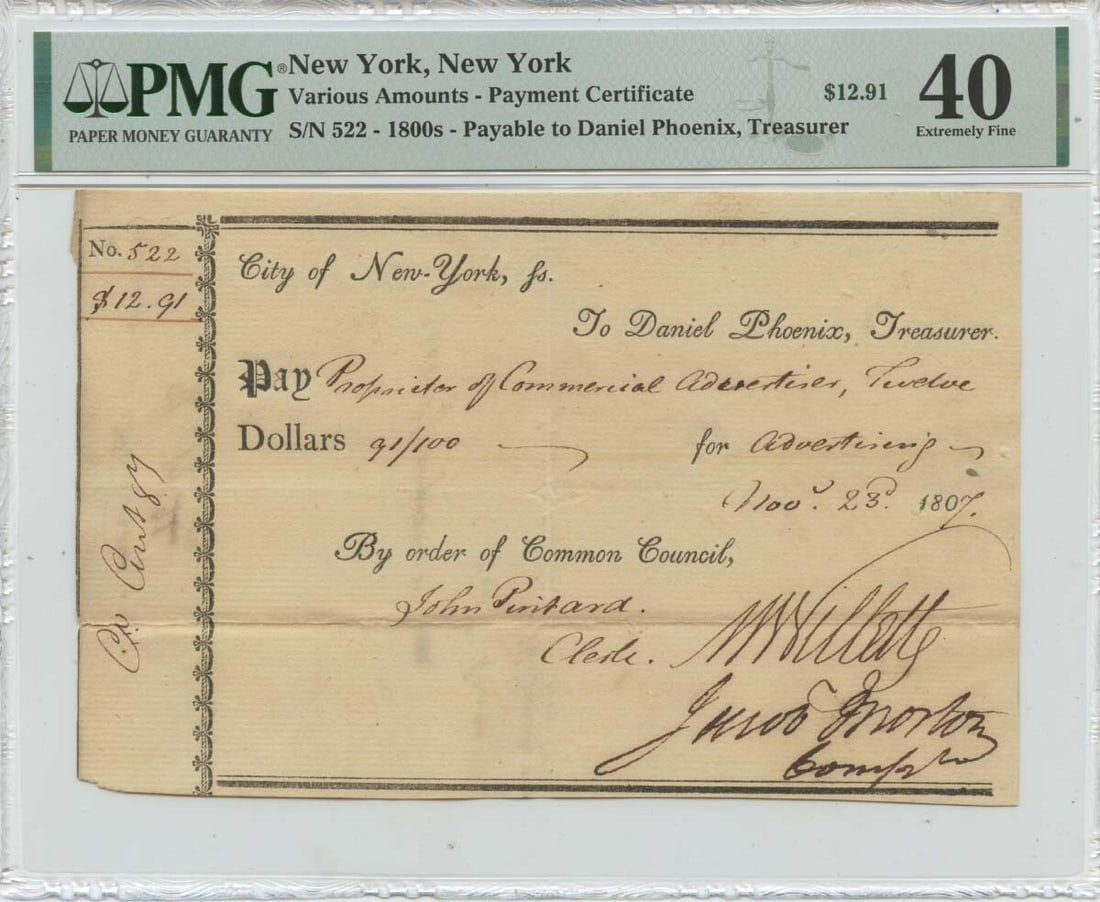 1807 $12.91 New York Payment Certificate Daniel Phoenix PMG XF40: 1807 $12.91 New York Payment Certificate Daniel Phoenix PMG XF40 The 1807 $12.91 New York Payment Certificate features a unique design, bearing the signature of Daniel Phoenix, and is certified by PMG