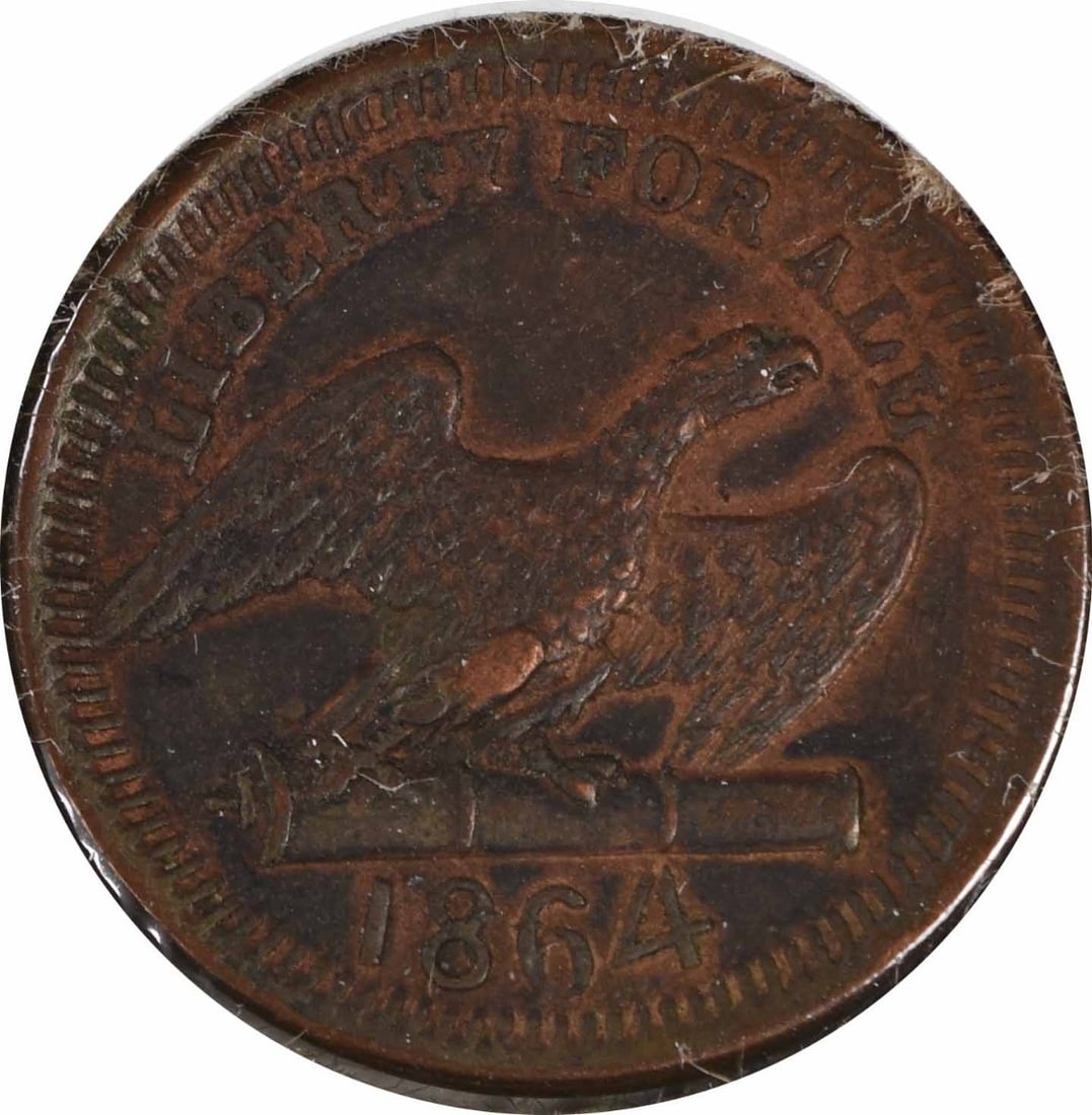 1864 Civil War Token Patriotic Liberty For All 160/ 417 AU Uncertified: 1864 Civil War Token Patriotic Liberty For All 160/ 417 AU Uncertified Circulated copper token from the Philadelphia Mint, bearing the patriotic motto "Liberty For All" and featuring an 1864 Civil War