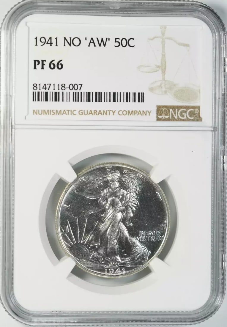 NO 'AW' FOR 50C PF NGC CERTIFIED WALKING LIBERTY 50C 1941 HALF DOLLAR: NO 'AW' FOR 50C PF NGC CERTIFIED WALKING LIBERTY 50C 1941 HALF DOLLAR PF 66 Certified Walking Liberty Half Dollar. This 1941 Philadelphia Mint Proof coin boasts exceptional detail and luster, showcasi