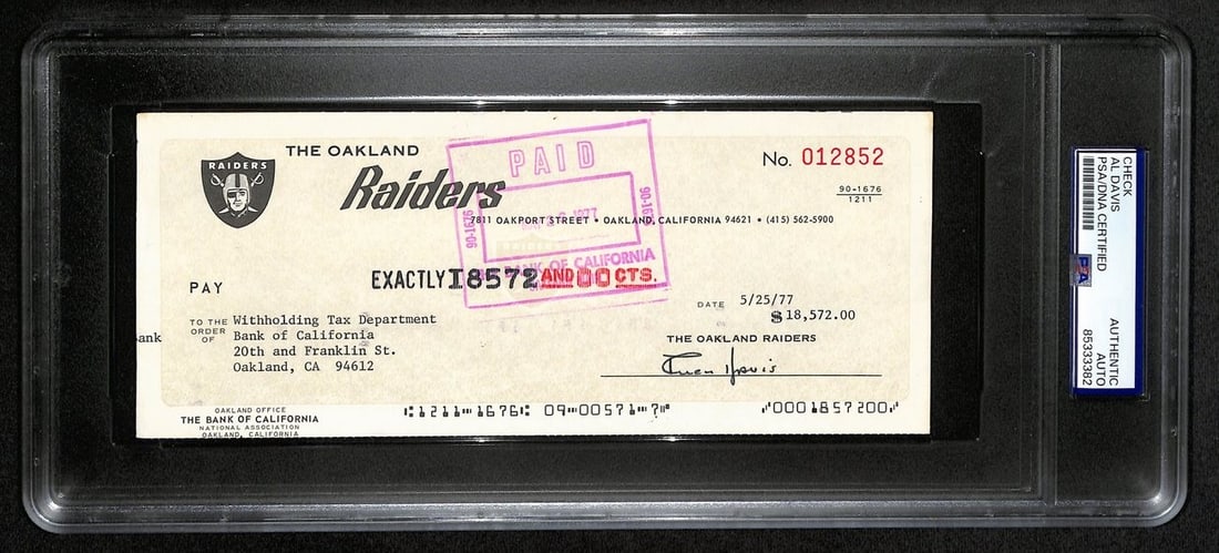 Al Davis HOF Signed/ Autographed 8.5x3.5 Bank Check Raiders PSA/ DNA 193225 (1 of 2)