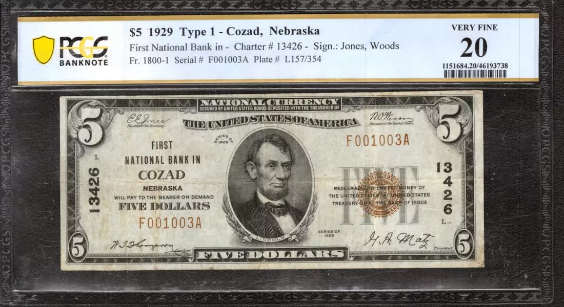 1929 $5 FIRST NATIONAL BANKNOTE CURRENCY COZAD NEBRASKA PCGS 20 VERY FINE (003A): 1929 $5 FIRST NATIONAL BANKNOTE CURRENCY COZAD NEBRASKA PCGS 20 VERY FINE (003A) This 1929 $5 First National Banknote from Cozad, Nebraska features a unique serial number (F001003A) and bears the