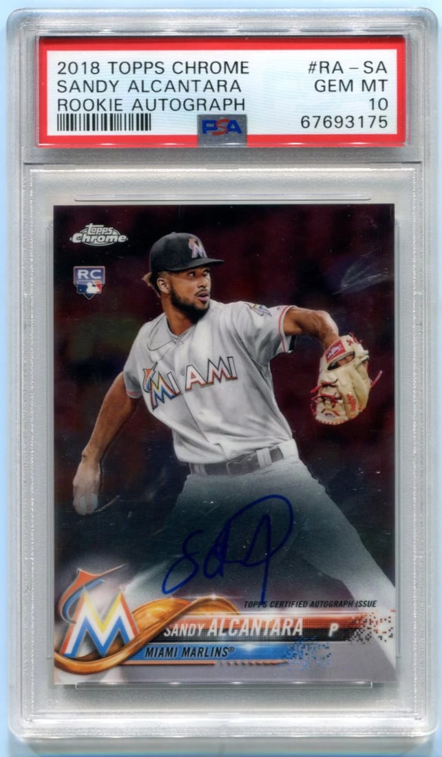 Sandy Alcantara Rookie 2018 Topps Chrome Autograph 10: Sandy Alcantara Rookie 2018 Topps Chrome Autograph 10 Sandy Alcantara's rookie card features his impressive baseball skills, captured in vibrant Topps Chrome Autograph 10. This clearly authenticated i