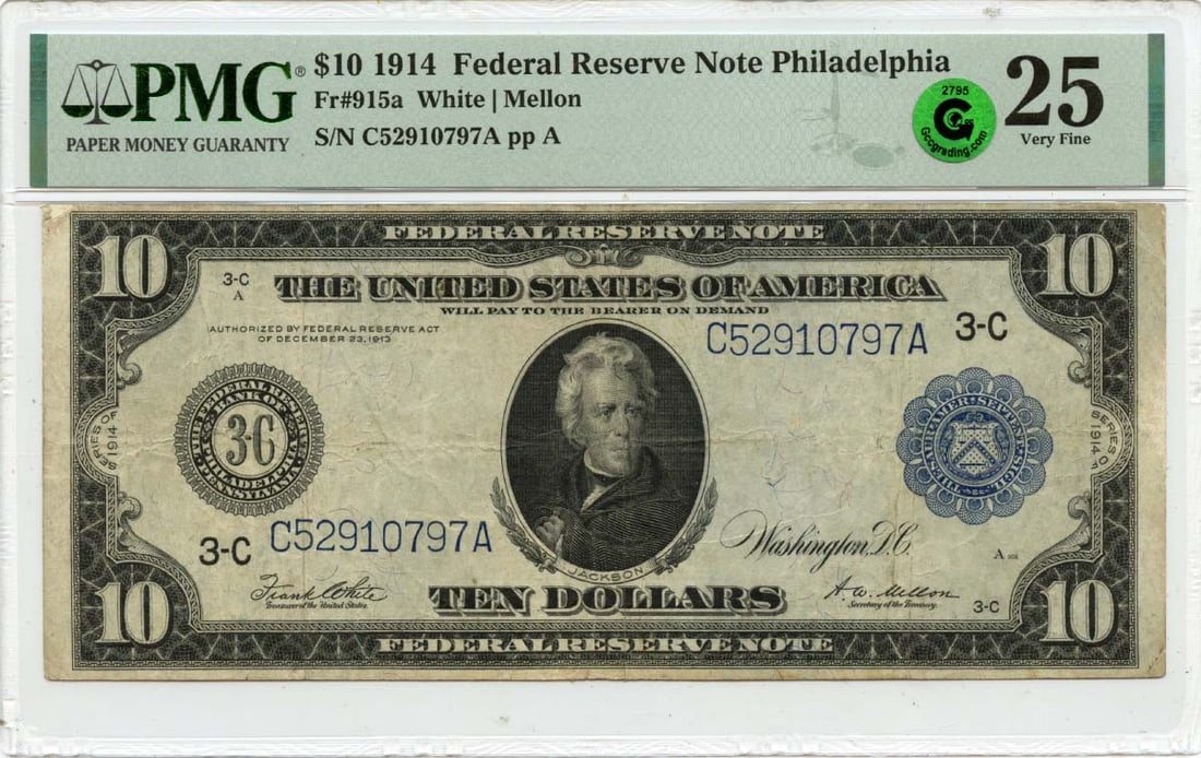 1914 $10 FRN Philadelphia PA Fr# 915a PMG VF25 GCC Green: 1914 $10 FRN Philadelphia PA Fr# 915a PMG VF25 GCC Green This 1914 $10 FRN Philadelphia PA features a PMG VF25 grade, indicating a high level of condition and preservation. The note bears the signatur