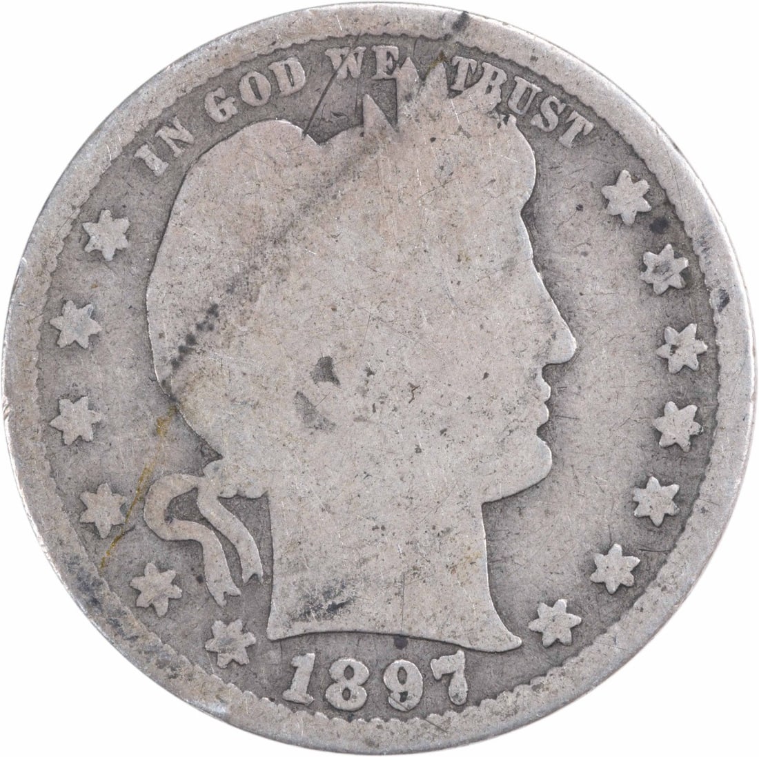 1897-S Barber Silver Quarter G Uncertified: 1897-S Barber Silver Quarter G Uncertified The 1897-S Barber Silver Quarter G Uncertified features a classic design with the iconic portrait of Lady Liberty, created by renowned artist Charles E. Barb