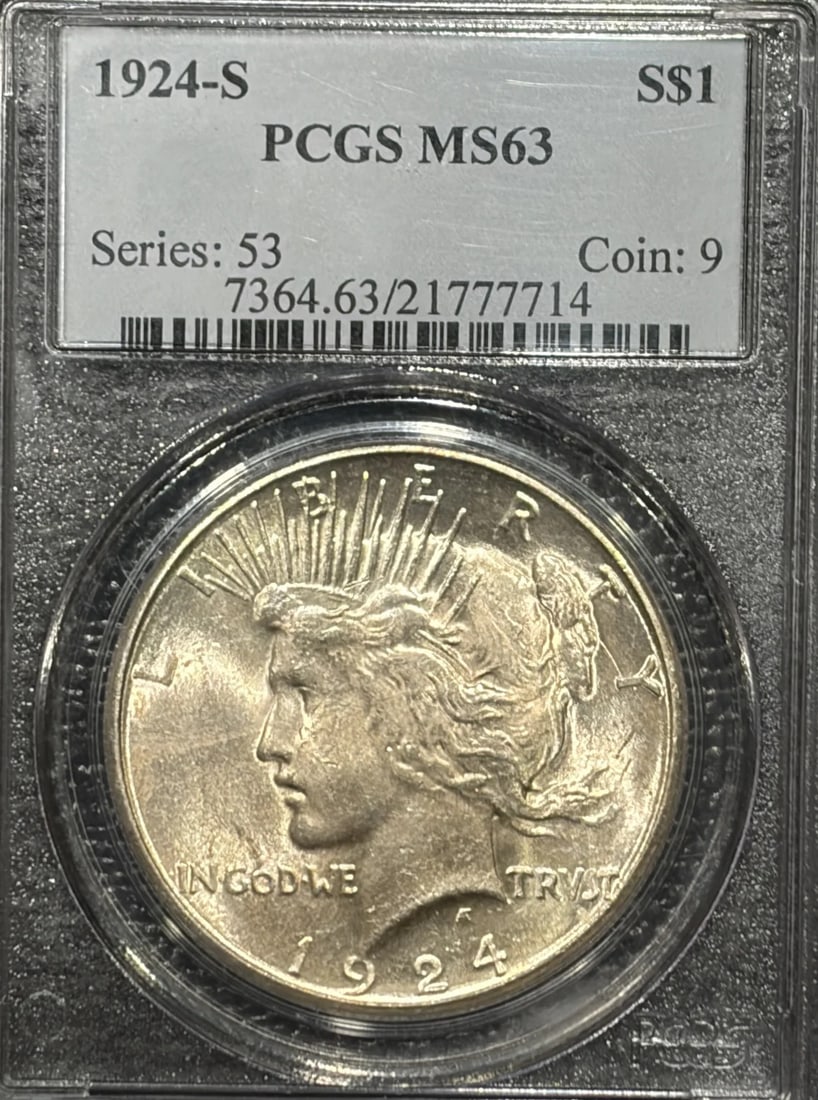 PEACE DOLLAR PCGS MS63 1924: PEACE DOLLAR PCGS MS63 1924 The 1924 Peace Dollar, certified by PCGS as MS63, boasts its silver composition and striking mint mark from the San Francisco Mint. This coin bears a notable grade, reflect