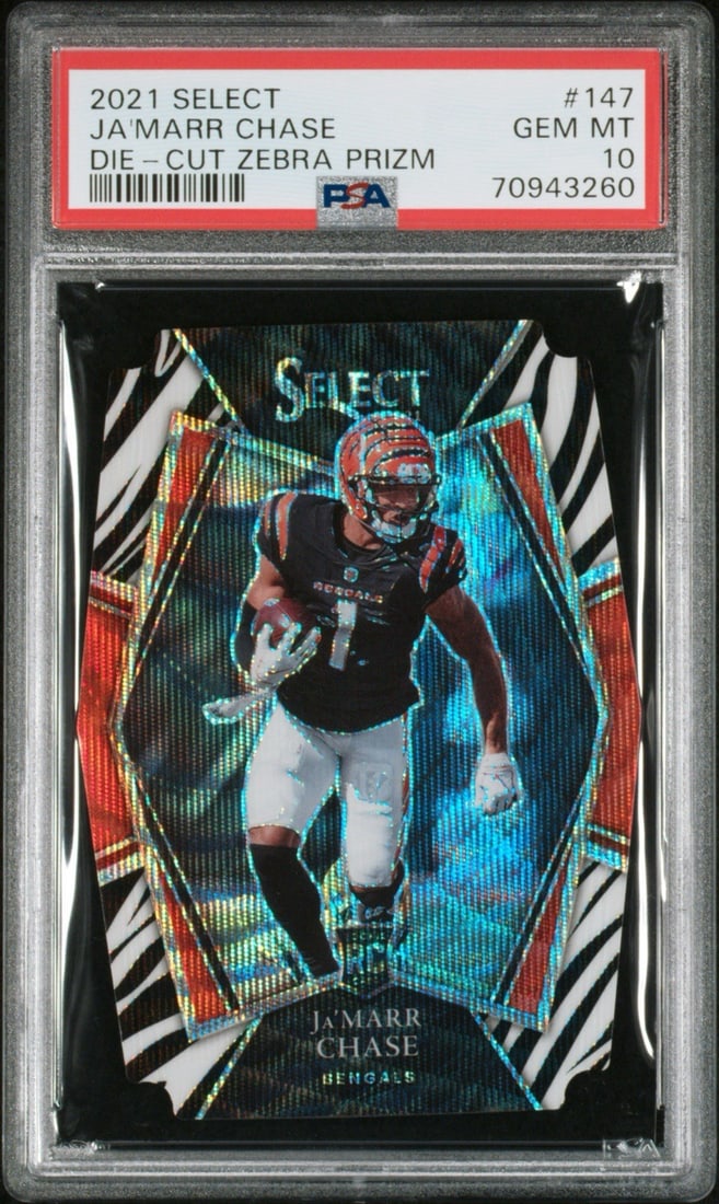 PANINI Select Ja'Marr Chase Die Cut Zebra Prizm PSA 10: PANINI Select Ja'Marr Chase Die Cut Zebra Prizm PSA 10 The PANINI Select Ja'Marr Chase Die Cut Zebra Prizm PSA 10 is an exceptional autographed football trading card featuring the Cincinnati Bengals' 