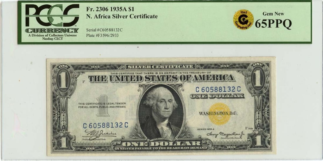 1935A $1 N.Africa Silver Certificate FR#2306 PCGS GEM 65 PPQ GCC Gold: 1935A $1 N.Africa Silver Certificate FR#2306 PCGS GEM 65 PPQ GCC Gold This 1935A $1 N.Africa Silver Certificate features a PCGS GEM 65 PPQ grade, showcasing exceptional condition and detail. The certi