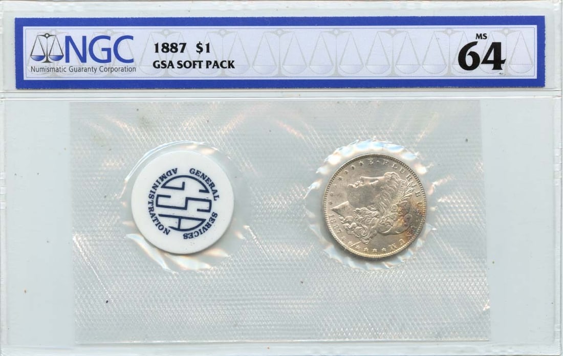 1887 Morgan Dollar GSA SOFT PACK S$1 NGC MS64: 1887 Morgan Dollar GSA SOFT PACK S$1 NGC MS64 Soft-pack protection for the 1887 Morgan Dollar keeps it in pristine condition. Graded MS64 by NGC, this uncirculated coin showcases its high level of