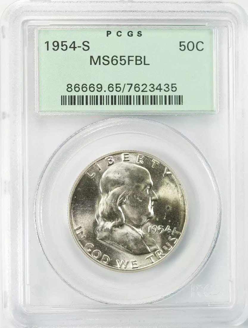 FULL BELL LINES MINT UNC FBL MS 50C 65 FBL FRANKLIN HALF DOLLAR 1954 S (1 of 5)