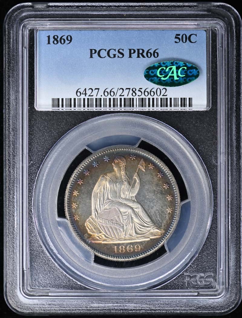 50C Liberty Seated Half Dollar PCGS PR66 1869: 50C Liberty Seated Half Dollar PCGS PR66 1869 The 50C Liberty Seated Half Dollar PCGS PR66 1869 is a rare and highly detailed proof coin, certified by the Professional Coin Grading Service (PCGS) with