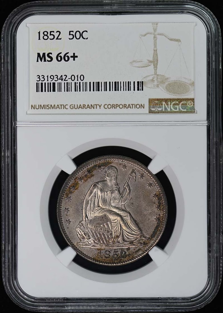 1852 Seated Liberty Half Dollar No Motto 50C NGC MS66+: 1852 Seated Liberty Half Dollar No Motto 50C NGC MS66+ 1852 Seated Liberty Half Dollar No Motto MS66+ - Uncirculated Condition, NGC Certified. This rare and historic coin features the iconic design of