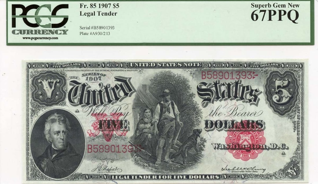 1907 $5 Legal Tender Note FR#85 PCGS Superb GEM 67 PPQ Woodchopper: 1907 $5 Legal Tender Note FR#85 PCGS Superb GEM 67 PPQ Woodchopper The 1907 $5 Legal Tender Note features a stunning woodchopper design, a unique and iconic element in American currency. This MS67 PCG