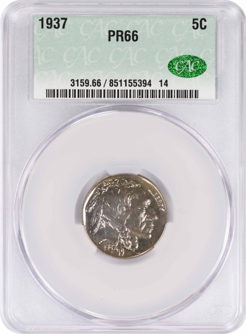 1937 Buffalo Nickel PR66 CACG: 1937 Buffalo Nickel PR66 CACG PR66 CACG certified 1937 Buffalo Nickel, a rare and highly detailed example of the iconic nickel coin series. This uncirculated coin boasts exceptional strike quality,