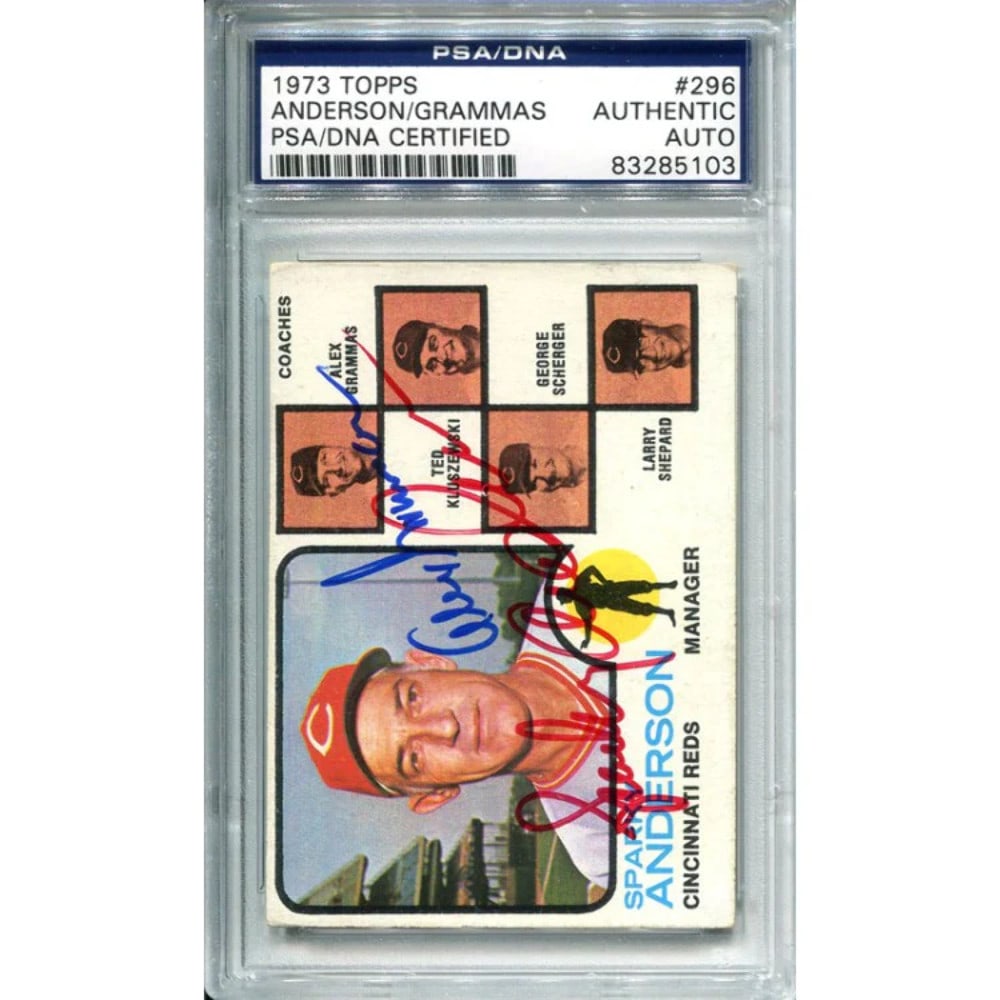 Sparky Anderson & Alex Grammas Autographed 1973 Topps Card: Sparky Anderson & Alex Grammas Autographed 1973 Topps Card Sparky Anderson & Alex Grammas Autographed 1973 Topps Card bears the signatures of two baseball legends, making it a unique collectible for