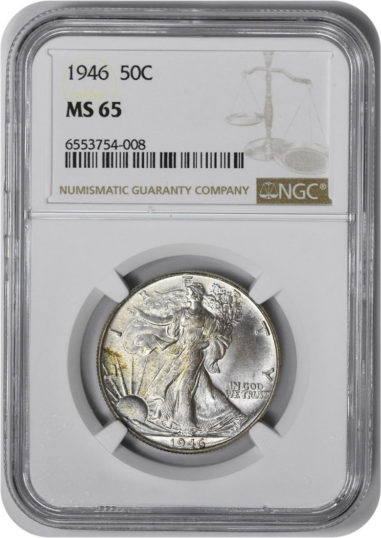 1946 Walking Liberty Silver Half Dollar MS65 NGC: 1946 Walking Liberty Silver Half Dollar MS65 NGC The 1946 Walking Liberty Silver Half Dollar MS65 NGC boasts exceptional condition, with its reeded edge and circulated/ununcirculated certification und