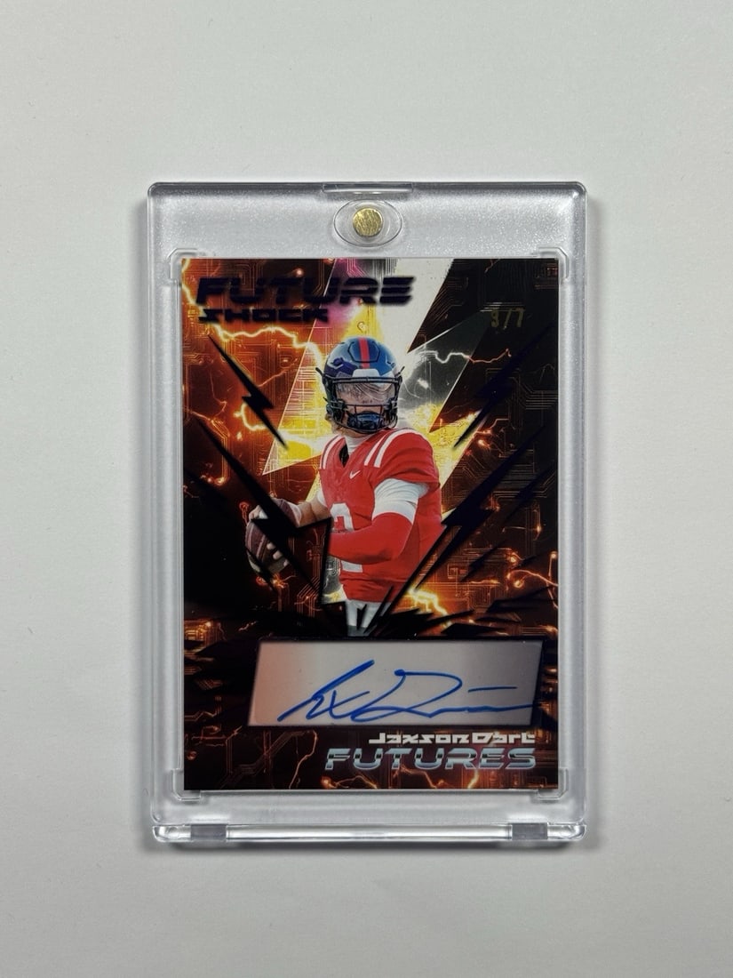 2024 LEAF JAXSON DART #FS-JD1 FUTURE SHOCK AUTO/ 7: 2024 LEAF JAXSON DART #FS-JD1 FUTURE SHOCK AUTO/ 7 The 2024 LEAF JAXSON DART #FS-JD1 FUTURE SHOCK AUTO/7 is an autographed standard-sized sports trading card featuring Jaxson Dart, a standout player i
