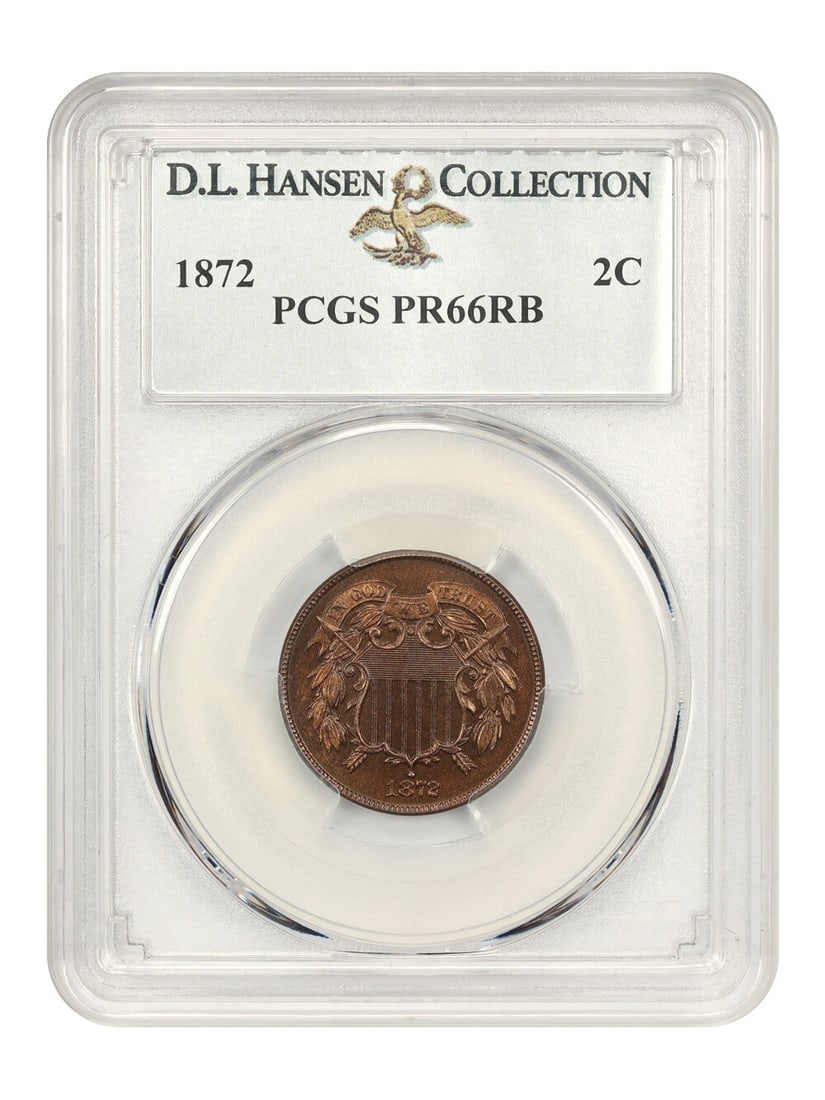 1872 2c PCGS Proof 66 RB ex: D.L. Hansen: 1872 2c PCGS Proof 66 RB ex: D.L. Hansen PCGS Proof 66 RB, a highly graded example from the early days of American coinage. This 1872 Two-Cent piece boasts a stunning Proof 66 grade, with its rich det