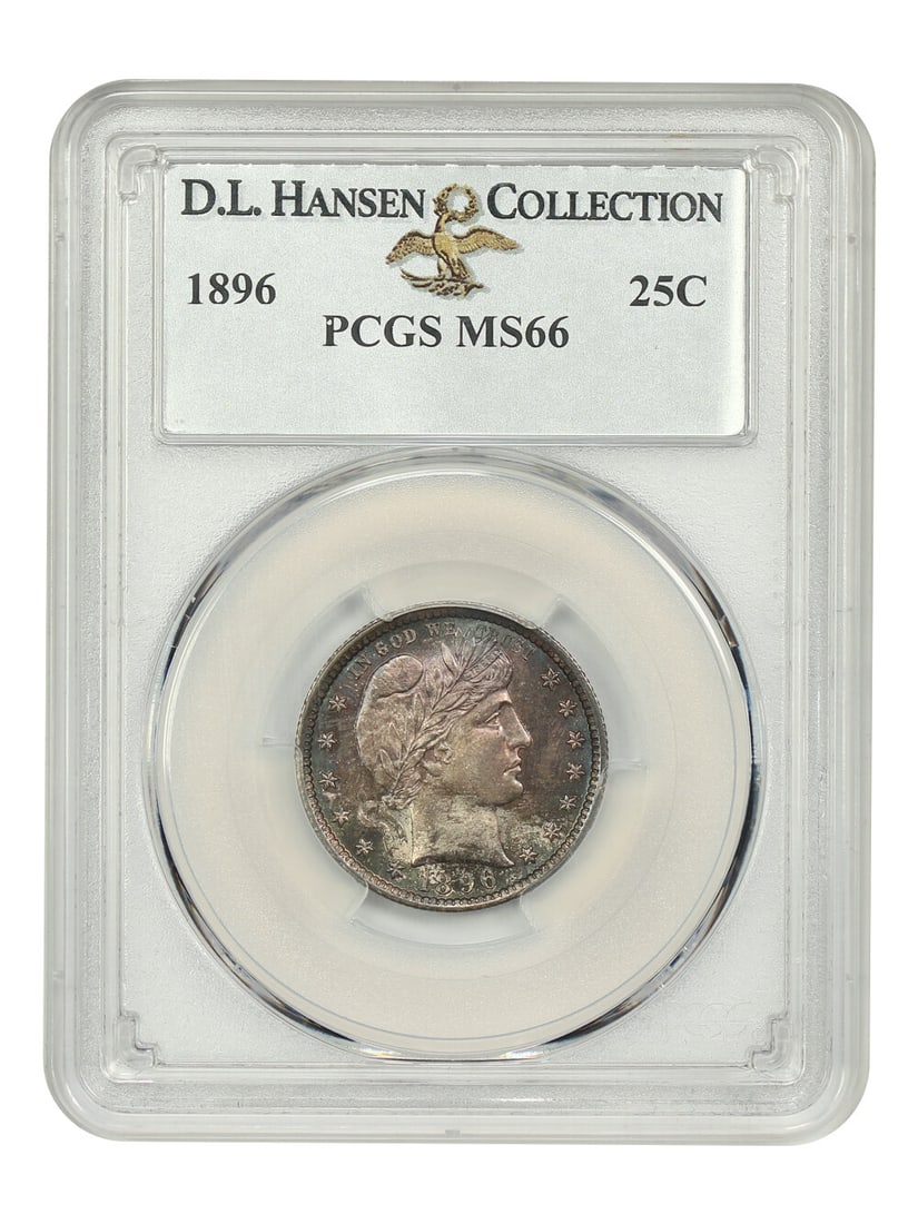 1896 25C PCGS MS66 ex: D.L. Hansen: 1896 25C PCGS MS66 ex: D.L. Hansen The 1896 Barber Quarter, graded MS66 by PCGS, boasts exceptional condition with subtle details preserved. This uncirculated coin features the iconic Barber design an