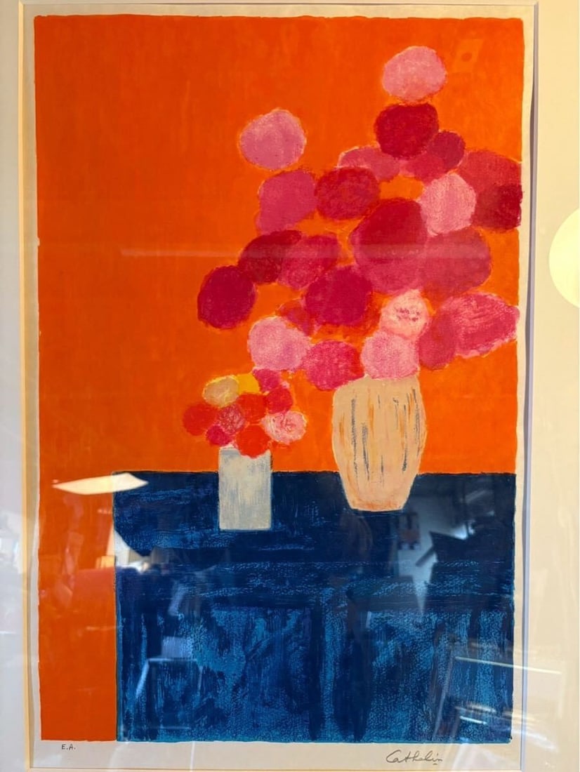 Signed EA Marked Framed Bernard Indian Roses Hydrangeas Lithograph Cathelin (1 of 10)