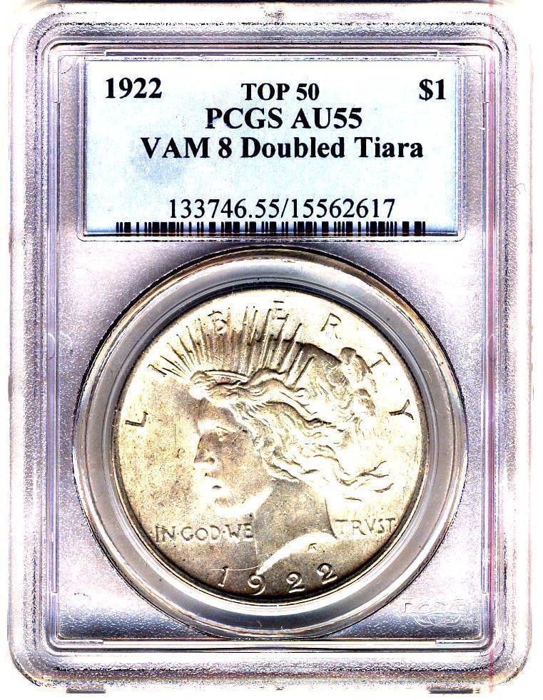 C2722- 1922 VAM-8 DOUBLED TIARA TOP 50 PEACE DOLLAR PCGS AU55: C2722- 1922 VAM-8 DOUBLED TIARA TOP 50 PEACE DOLLAR PCGS AU55 The C2722- 1922 VAM-8 DOUBLED TIARA TOP 50 PEACE DOLLAR features a distinctive doubled image on the tiara top, a notable characteristic in