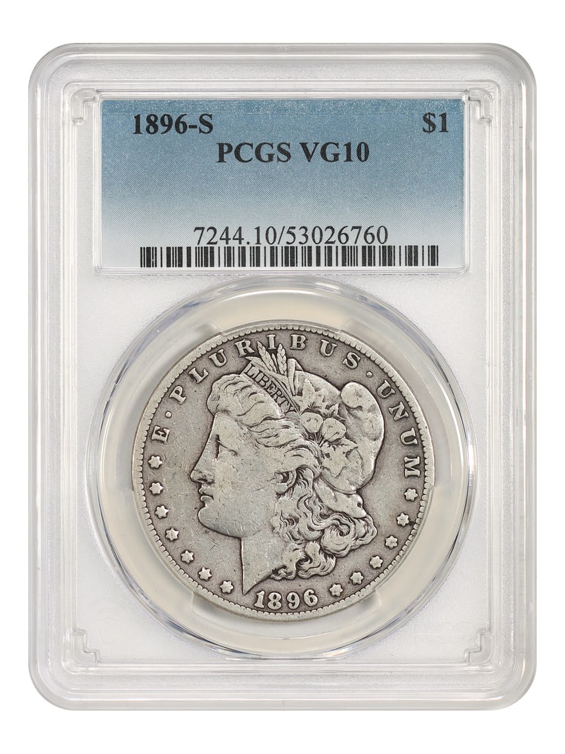 1896-S $1 PCGS VG10 - Morgan Dollar - Tough S-Mint: 1896-S $1 PCGS VG10 - Morgan Dollar - Tough S-Mint The 1896-S $1 PCGS VG10 Morgan Dollar features a tough S-Mint condition, indicating it was circulated before being graded by PCGS. This coin boasts t