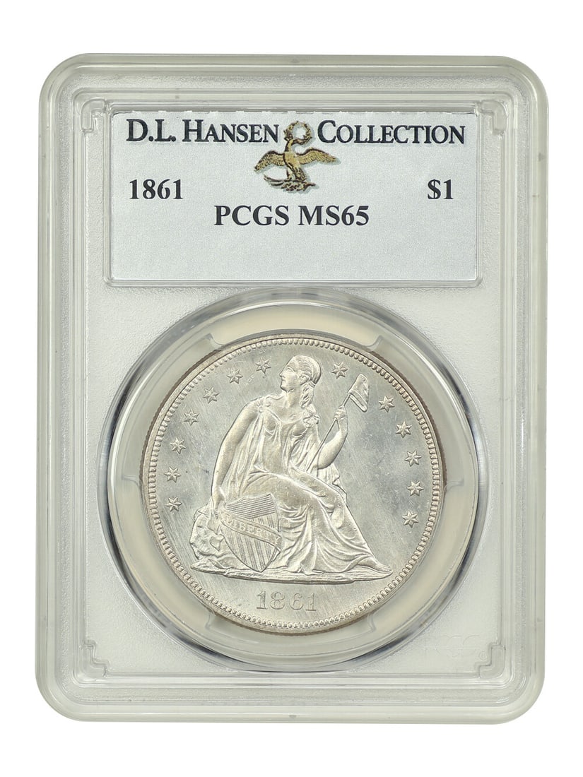 MS65 ex: 1861 $1 PCGS D.L. Hansen - Civil War Issue: MS65 ex: 1861 $1 PCGS D.L. Hansen - Civil War Issue The MS65 ex: 1861 $1 PCGS D.L. Hansen - Civil War Issue is an exceptional example of a circulated uncirculated Liberty Seated Dollar from 1861, cert