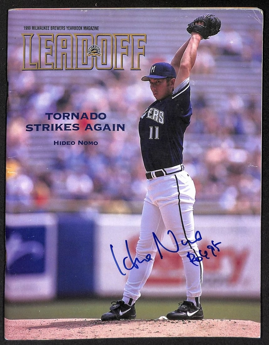 Hideo Nomo Signed/ Inscribed 1999 Milwaukee Brewers Yearbook PSA/ DNA 203565: Hideo Nomo Signed/ Inscribed 1999 Milwaukee Brewers Yearbook PSA/ DNA 203565 Signed by Hideo Nomo, the legendary Japanese pitcher who made his MLB debut with the Milwaukee Brewers in 1995. This yearbo