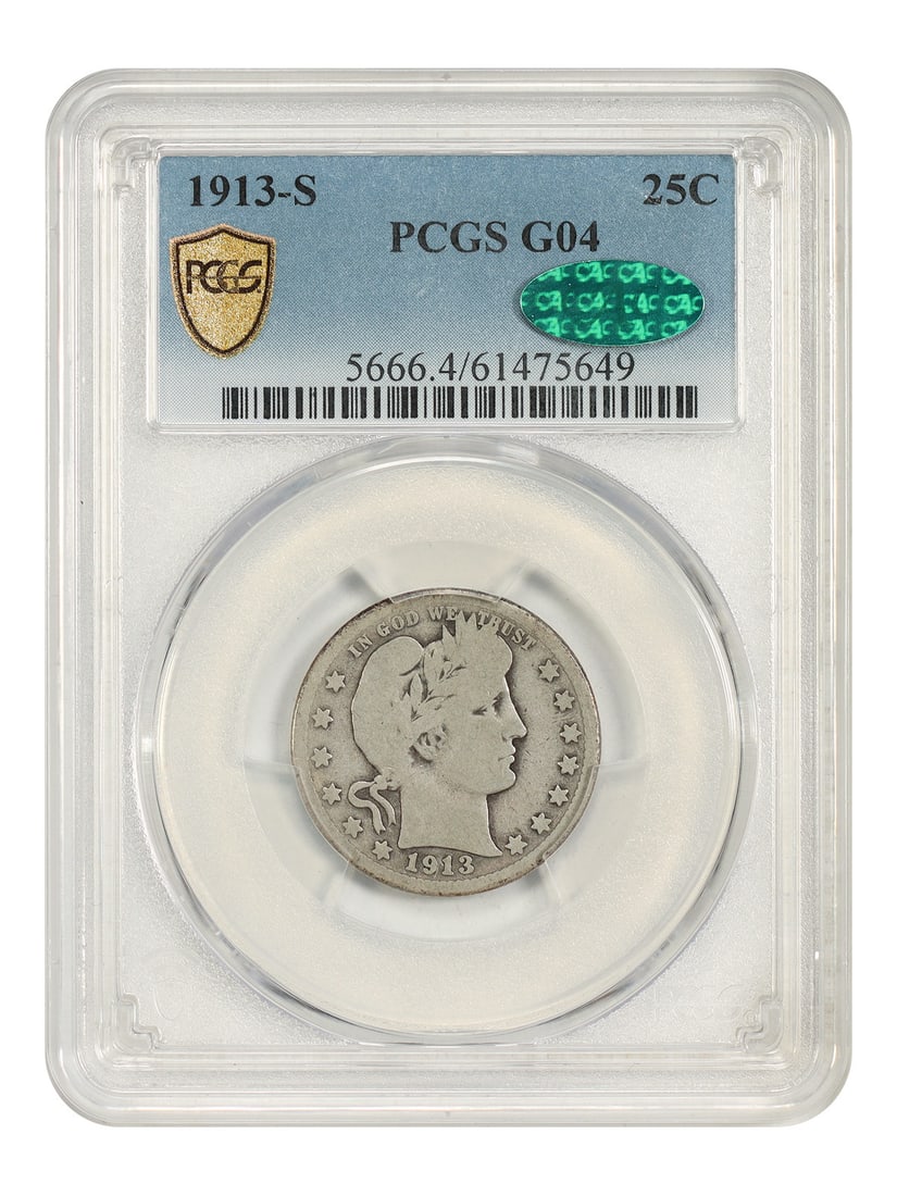 Famous Key Date Barber Quarter 25C 1913-S PCGS/ CAC Good: Famous Key Date Barber Quarter 25C 1913-S PCGS/ CAC Good 1913-S Barber Quarter in Good condition, certified by PCGS and CAC. This circulated quarter features the iconic design of the San Francisco Min