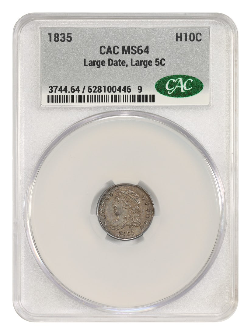 1835 H10C CACG MS64 (Large Date, Large 5C) - Capped Bust Half Dime: 1835 H10C CACG MS64 (Large Date, Large 5C) - Capped Bust Half Dime 1835 H10C CACG MS64 (Large Date, Large 5C) - Capped Bust Half Dime. This uncirculated 1835 half dime features a notable large date an